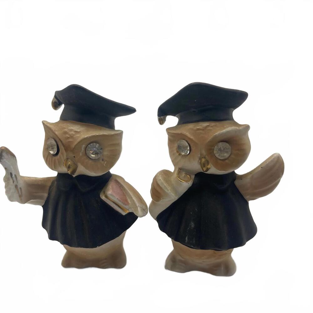 Vintage Lefton 1956 Wise Owl Graduation Salt and Pepper Shakers Rhinestone Eyes